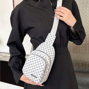 White & Black Vinyl Checkered Crossbody Sling Bag